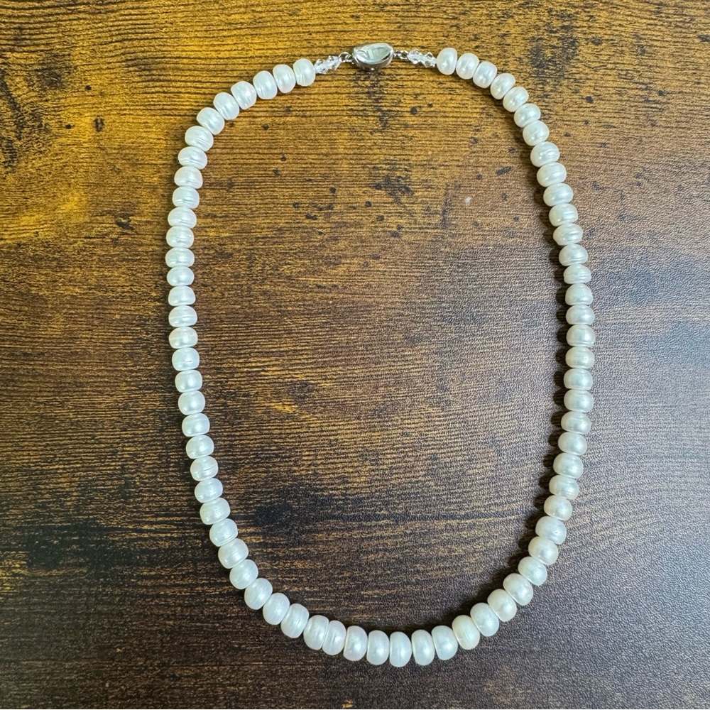 Genuine White Button Pearl Necklace 925 Silver Plunge Clasp